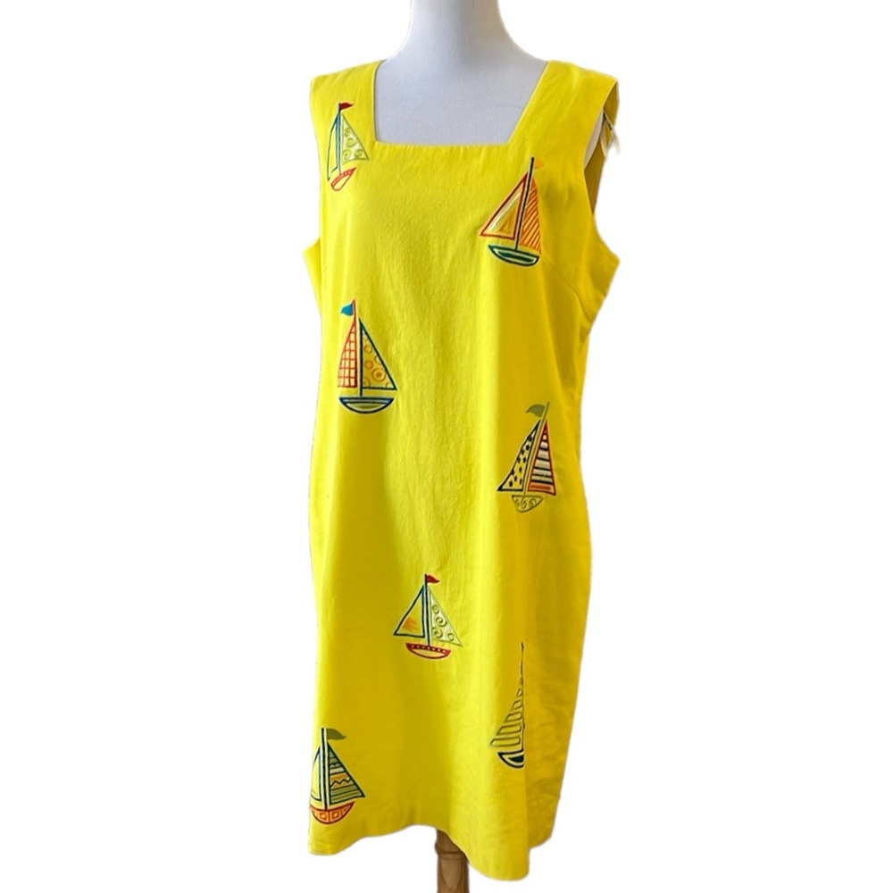 VINTAGE BETSYS THINGS EMBROIDERED SAILBOAT LINEN SHIFT DRESS YELLOW PLUS SIZE 14